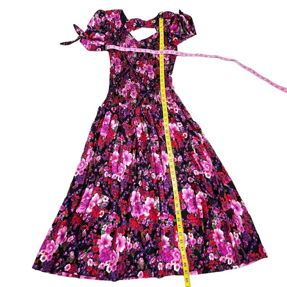 PANTAGIS Vtg 80s Drop Waist Floral Long Dress Rayon Big Shoulder Cutout Stretch - Picture 13 of 15